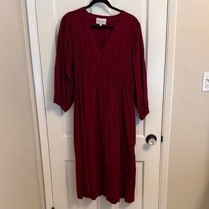 Cara Cara Burgundy Long Sleeve elastic waist Dress with pockets